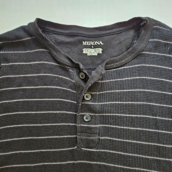 Merona Henley Shirt Mens L Black Gray Striped Long Sleeve Thermal Waffle Knit - Picture 1 of 7